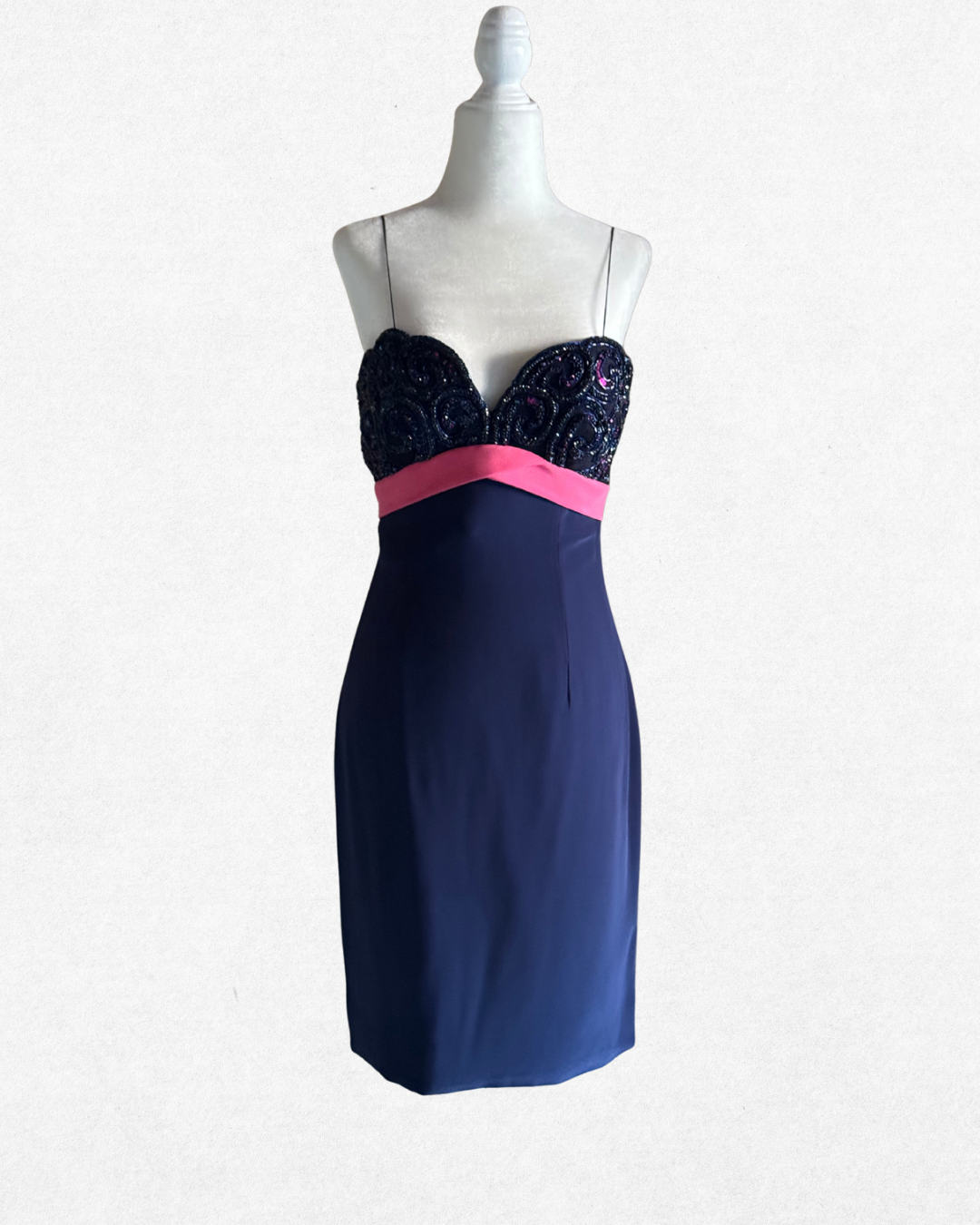 Vintage 1990s Bob Mackie Evening Navy Blue Beaded Strap Dress – Size 4 (US)