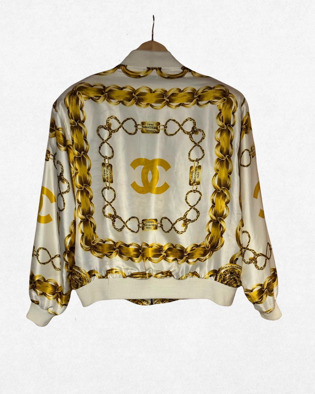 1980’s Vintage Chanel Chain-Print Satin Bomber Jacket