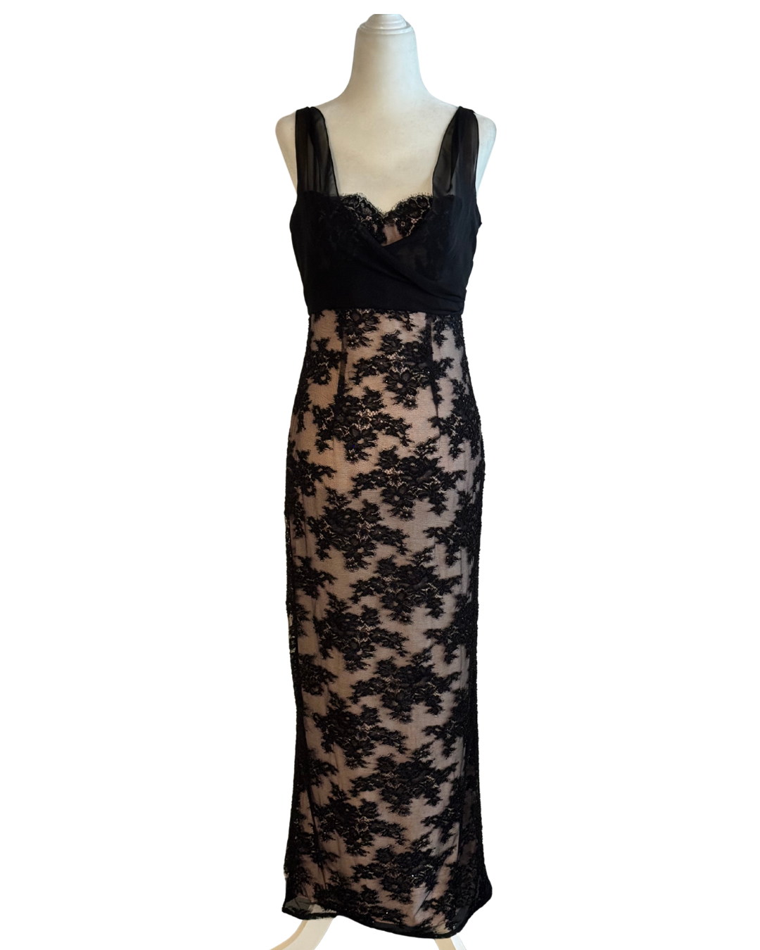 Bob Mackie Boutique Black & Nude Beaded French Lace Evening Gown size 4