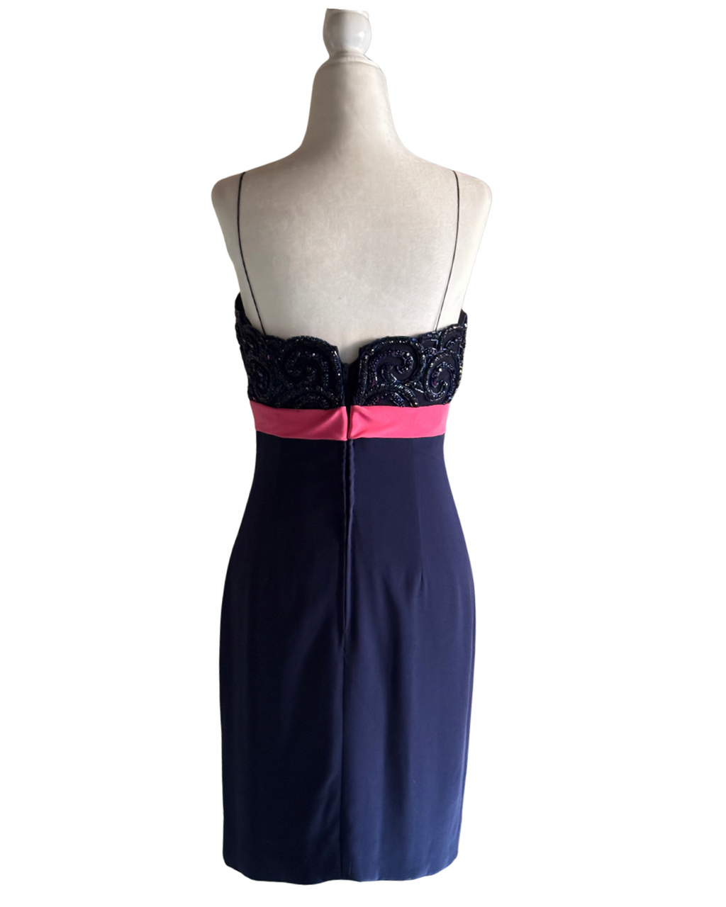 Vintage 1990s Bob Mackie Evening Navy Blue Beaded Strap Dress – Size 4 (US)