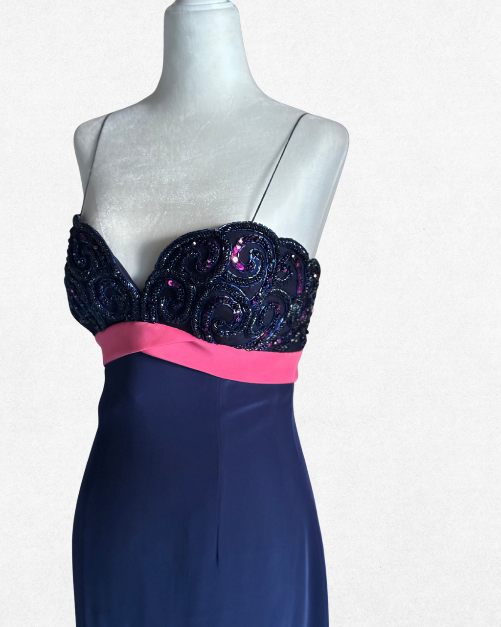 Vintage 1990s Bob Mackie Evening Navy Blue Beaded Strap Dress – Size 4 (US)