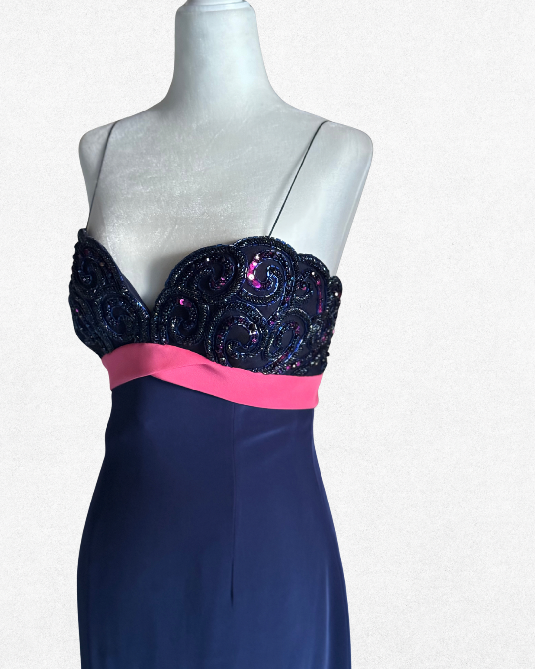 Vintage 1990s Bob Mackie Evening Navy Blue Beaded Strap Dress – Size 4 (US)