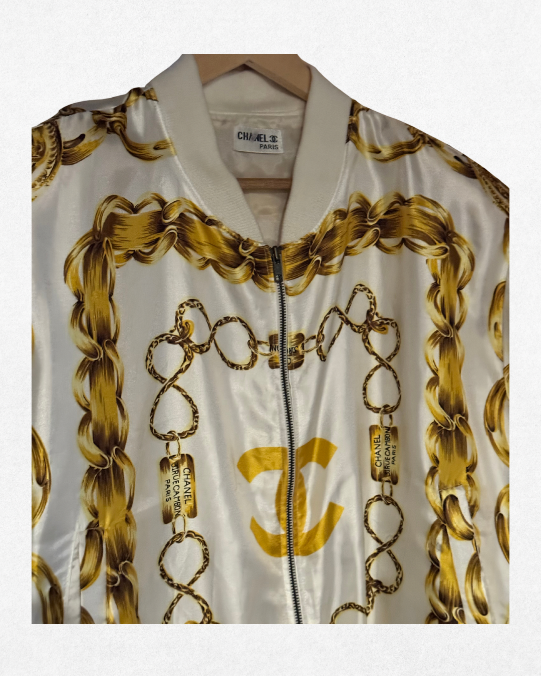 1980's Vintage Chanel Chain-Print Satin Bomber Jacket – CLOVIS 1980's Vintage Chanel Chain-Print Satin Bomber Jacket – CLOVIS