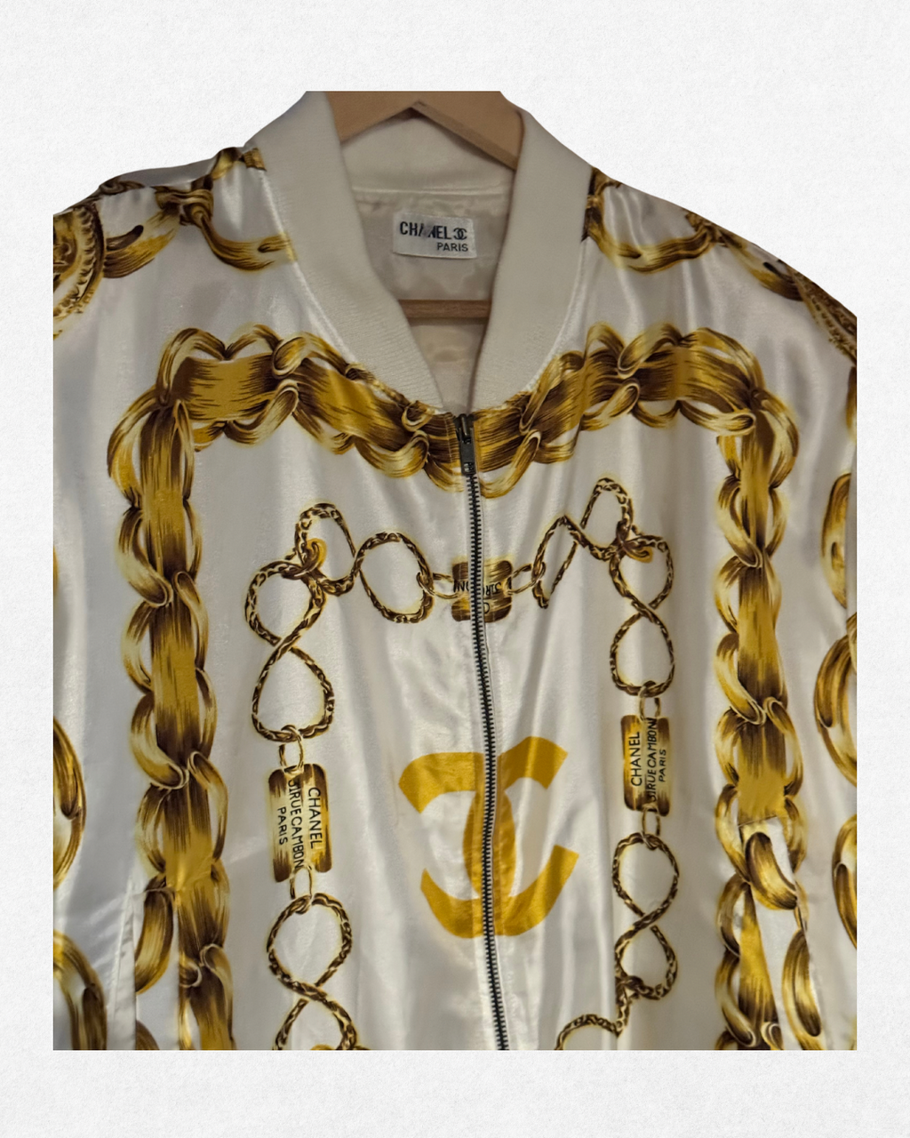 1980’s Vintage Chanel Chain-Print Satin Bomber Jacket