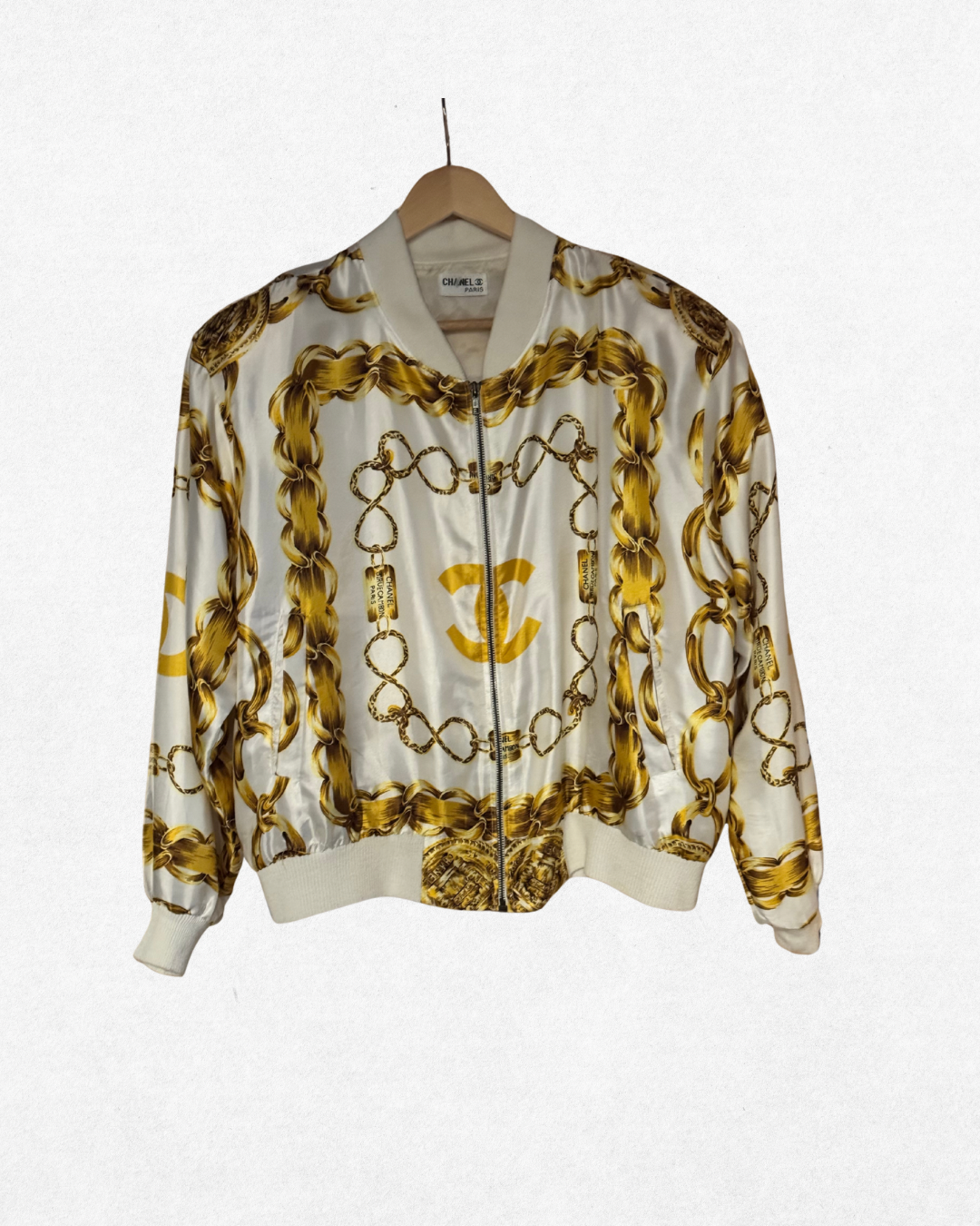 1980's Vintage Chanel Chain-Print Satin Bomber Jacket – CLOVIS
