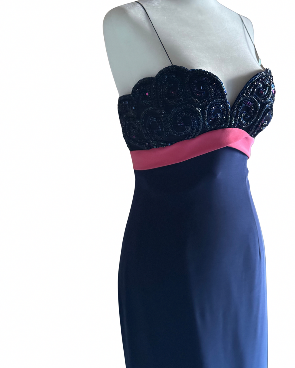 Vintage 1990s Bob Mackie Evening Navy Blue Beaded Strap Dress – Size 4 (US)