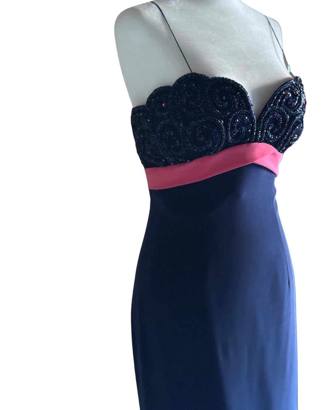 Vintage 1990s Bob Mackie Evening Navy Blue Beaded Strap Dress – Size 4 (US)