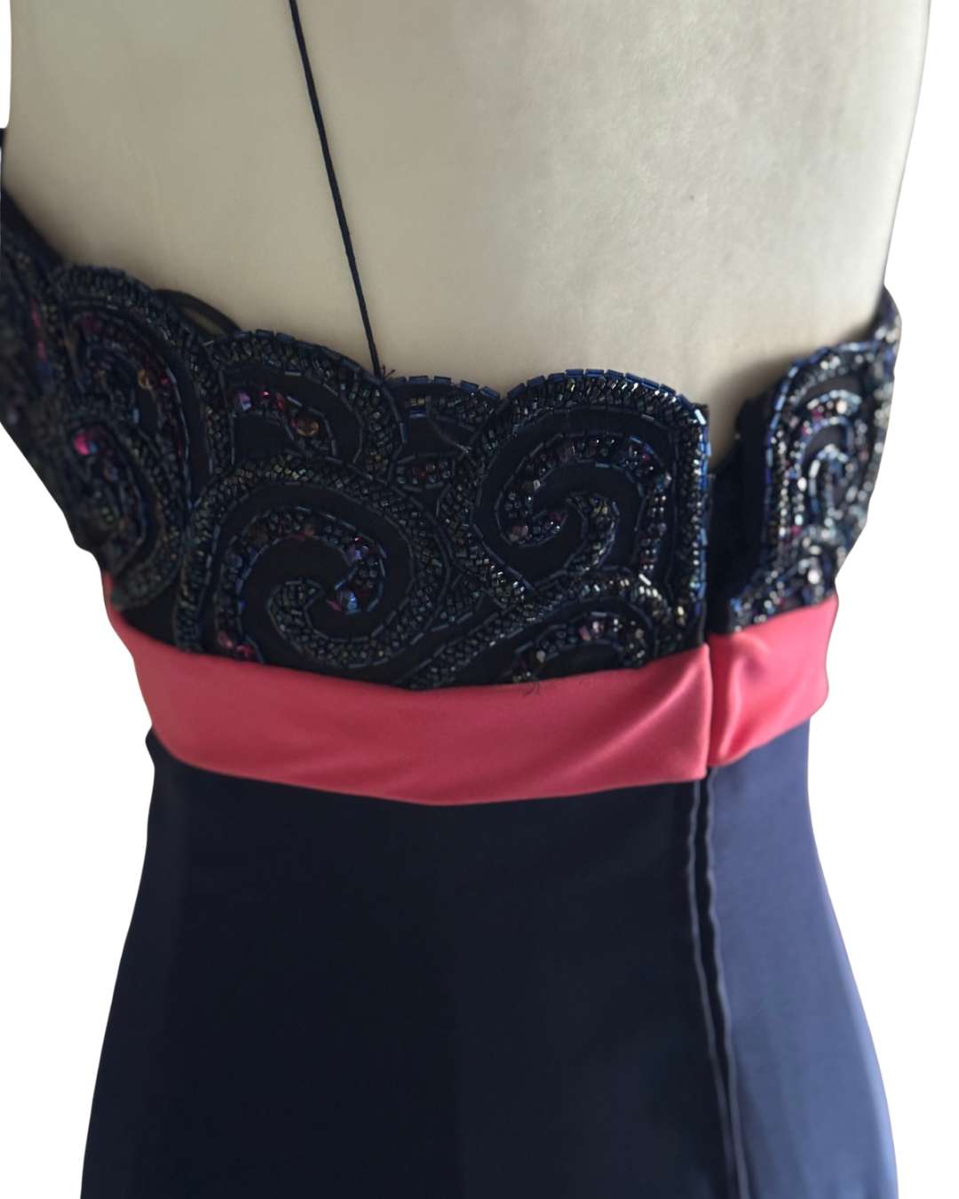 Vintage 1990s Bob Mackie Evening Navy Blue Beaded Strap Dress – Size 4 (US)
