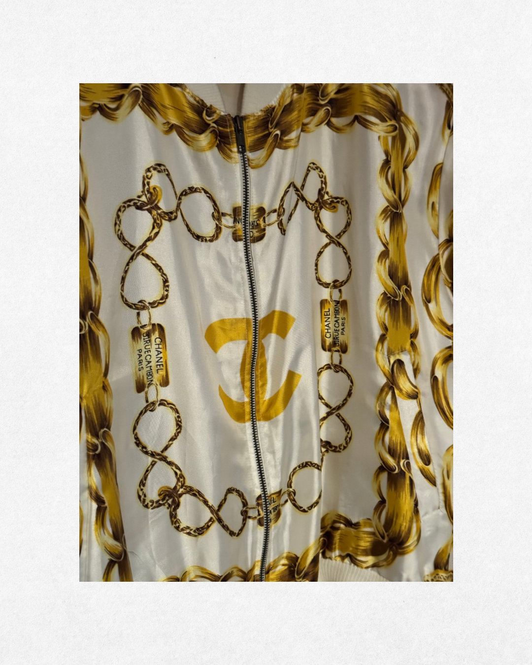 1980’s Vintage Chanel Chain-Print Satin Bomber Jacket