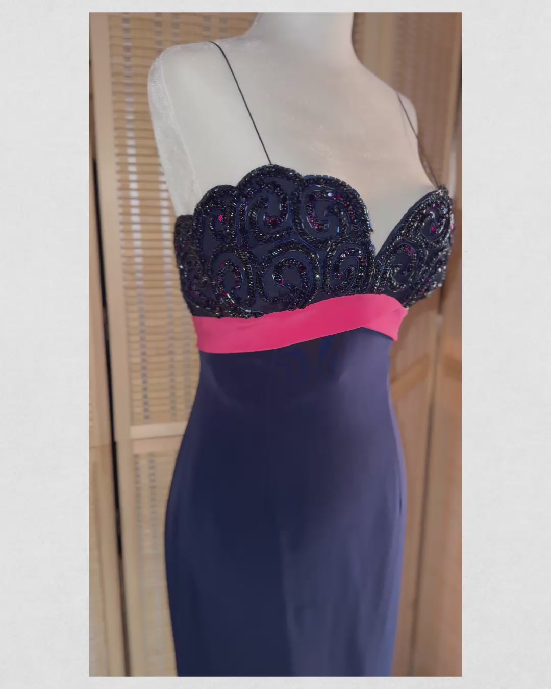 Vintage 1990s Bob Mackie Evening Navy Blue Beaded Strap Dress – Size 4 (US)